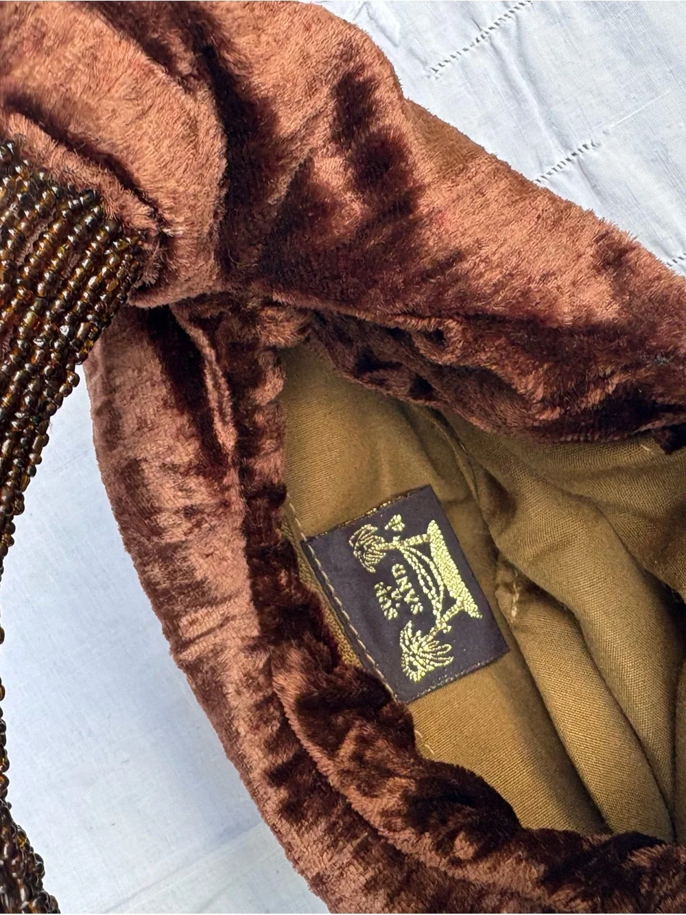 Vintage Crushed Brown Velvet Clutch with Beaded Handle